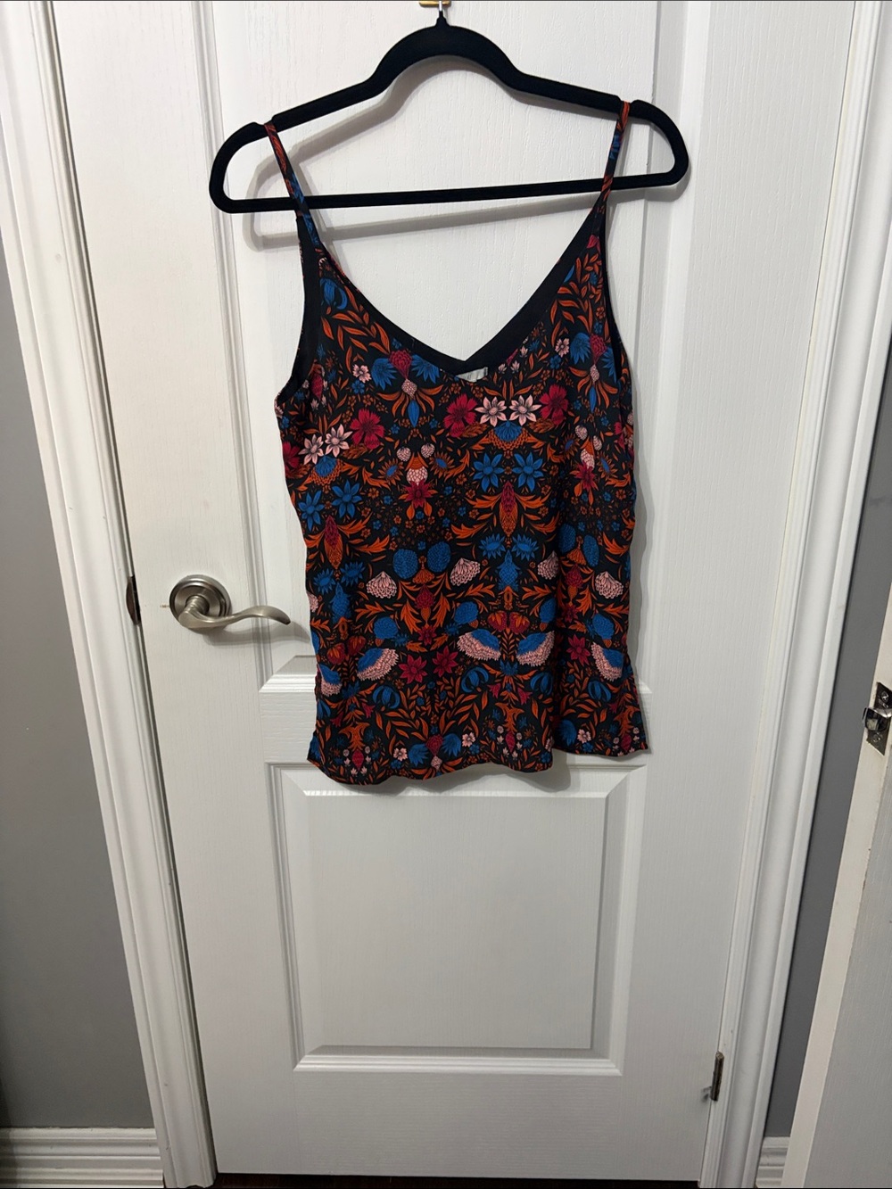 H&M Floral V-Neck Spaghetti Strap Camisole - Black with Blue & Pink Floral Print
